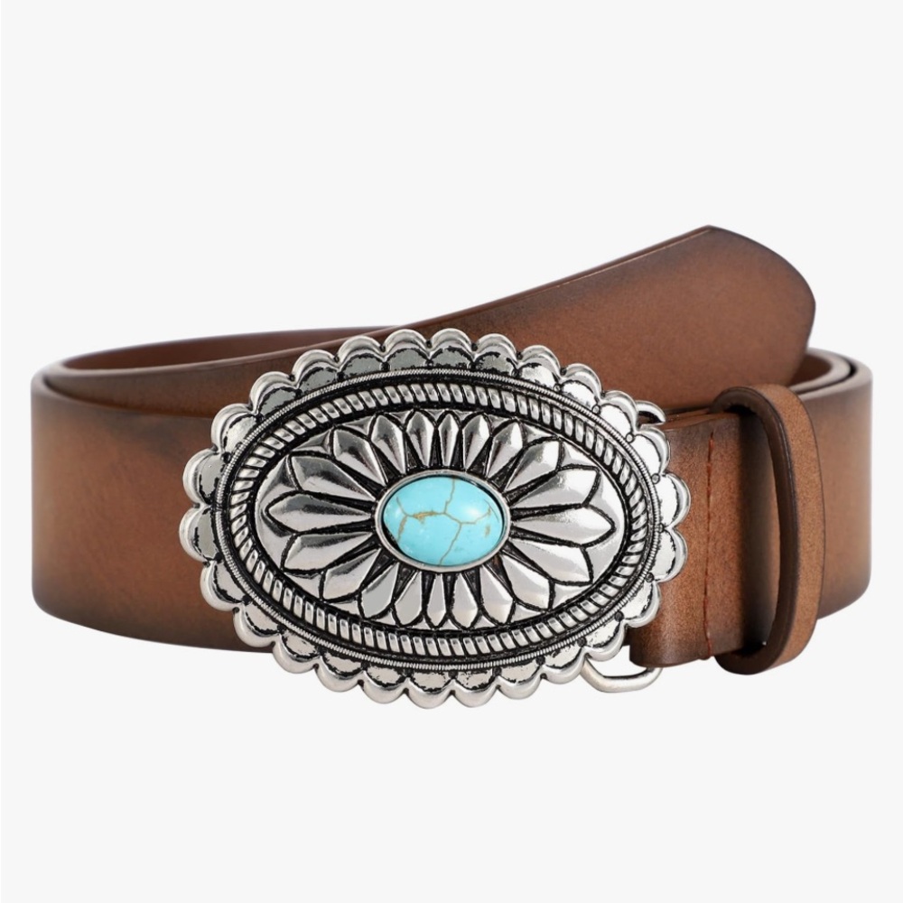 Brown Leather Belt with Silver and Turquoise Buckle